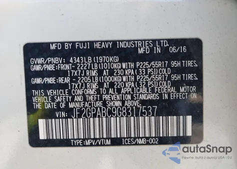 2016 Subaru Crosstrek 2.0I Premium from USA, damaged, VIN JF2GPABC9G8317537